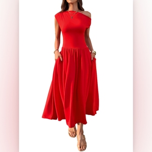 Robes longues d'été pour femmes, à épaules dénudées, sexy, couleur unie, avec poches, tendance - Product Image 4