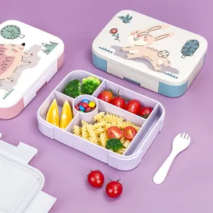 新款塑料儿童儿童午餐盒豪华麦草儿童便当带蘸硅胶便当盒个性化学校