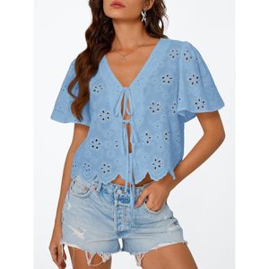 Chemisier d'été pour femme à manches courtes en mousseline de soie, avec nœud sur le devant, broderie ajourée, style bohème, idéal pour les vacances à la plage - Product Image 2
