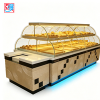 Aménagement de boulangerie, vitrine d'îlot en verre incurvé avec éclairage LED personnalisé, vitrine commerciale pour pain et pâtisserie