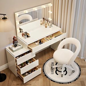 Table de toilette élégante et moderne en crème <span class=keywords><strong>avec</strong></span> grand miroir carré à LED, table de maquillage populaire <span class=keywords><strong>avec</strong></span> chaise, <span class=keywords><strong>coiffeuse</strong></span> <span class=keywords><strong>avec</strong></span> rangement, ensemble de table de toilette - Product Image 2