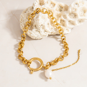 Bracelet en acier inoxydable plaqué or 18 carats, chaîne O, pendentif en fausse perle, bijoux pour femmes à porter au quotidien - Product Image 3