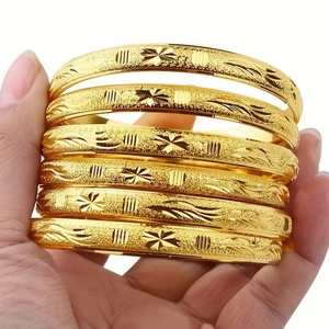 Dubai-Style Classic Carved Yellow Gold-Plated <strong>Copper</strong> <strong>Bracelet</strong> Perfect Wedding Gift for Middle Eastern Brides Fashionable Bangles - Product Image 1