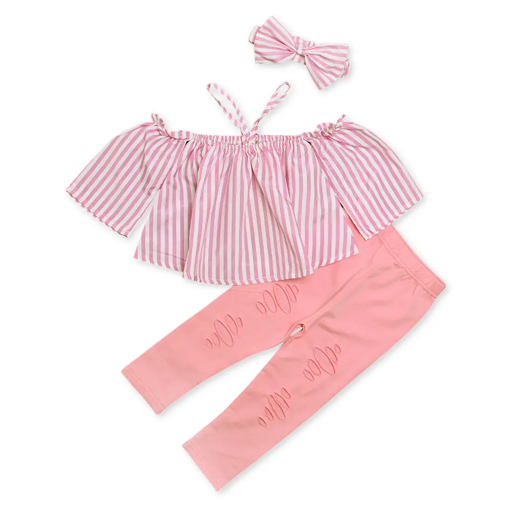 Fashion Kids Top and Pants Clothing Set Striped Word Collar Top + Ripped Pink Trousers Headband 3 Pcs Sets Baby Girls Clothing