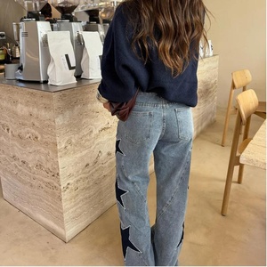 OUDINA Nouvelle Arrivée Jean Décontracté Ample à Jambes Droites avec Strass Étoile à Cinq Branches pour <span class=keywords><strong>Femme</strong></span> - Product Image 2