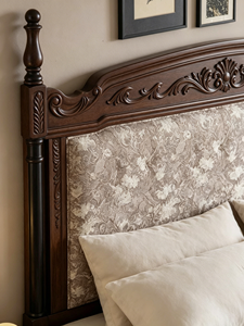 Traditional Upholstered Wooden <b>Bed</b> Frame <b>Queen</b> <b>Size</b> Mahogany Fabric Soft <b>Bed</b> with Panel Headboard - Product Image 2
