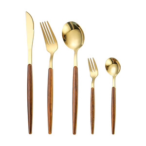 Set di posate effetto legno in acciaio inossidabile 430: coltelli, forchette, cucchiaini, forchettine da tè, coltelli da bistecca e posate per uso quotidiano - Product Image 1