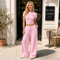 Ensemble de survêtement pour femme, t-shirt court ajusté et pantalon large taille haute, 100% coton imprimé, style Y2K street sporty, 2 pièces