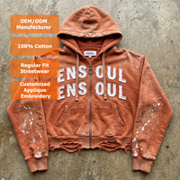 Vintage Acid Wash Distressed Hoodie mit Stickerei-Applikation und Buchstaben-Design, Maßgefertigter Premium Schwerer French Terry Reißverschluss-Hoodie für Herren mit Farbspritzer-Effekt