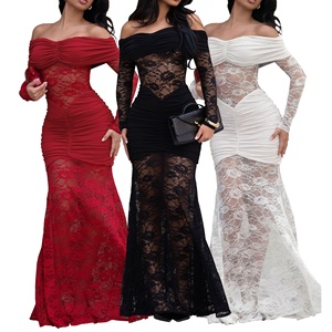 Abito da festa ZHEZHE da donna, estivo, slim fit, sexy, con <span class=keywords><strong>spalle</strong></span> <span class=keywords><strong>scoperte</strong></span>, <span class=keywords><strong>maniche</strong></span> <span class=keywords><strong>lunghe</strong></span>, in pizzo, aderente sui fianchi. - Product Image 1
