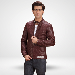 Veste en cuir PU matelassée bordeaux pour homme, style motard, col montant, fermeture éclair, coupe ajustée, vêtements d'automne, vestes en cuir pour homme - Product Image 6