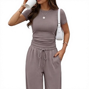 Women Gray <b>Short</b> Sleeve O-Neck T-Shirt With Drawstring Pants <b>Set</b> Solid Color Breathable Casual Wear All Seasons - Product Image 1