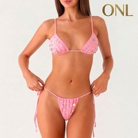 Ensemble de bikini triangle rose à paillettes, haut à nouer sur le devant, bas à nouer sur les côtés, tissu extensible à paillettes, idéal pour la plage, la piscine et les vacances