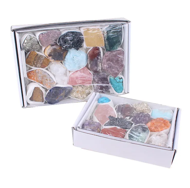 Natural fluorite mineral sample gemstone rose quartz raw stone calcite rocks amethyst cluster box set