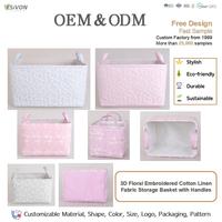 Panier de rangement pliable en coton et lin brodé de fleurs 3D, écologique, avec poignées, empilable, organisateur de vêtements pour chambre d'enfant