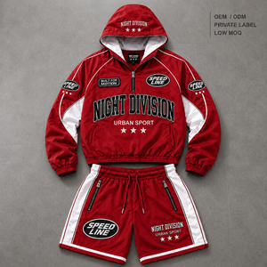Conjunto Deportivo Corto de Nailon Rojo para Hombre, Chaqueta <span class=keywords><strong>con</strong></span> <span class=keywords><strong>Capucha</strong></span> y Cierre de Cremallera, Pantalones Cortos Deportivos <span class=keywords><strong>con</strong></span> Estampado Gráfico en Paneles en Contraste, Venta al Por Mayor Personalizada - Product Image 1