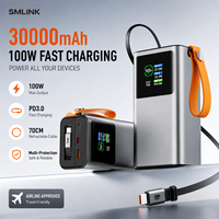 Batterie externe 30000mAh 100W, chargeur portable rapide avec câble rétractable intégré pour ordinateur portable, smartphone, montre connectée, OEM ODM