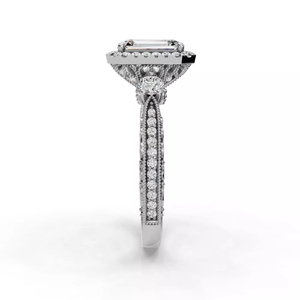 Anillo de Compromiso de Oro Blanco de 14K con Diamante Cultivado en Laboratorio de Corte Esmeralda, Doble Halo, Detalles Milgrain y Banda de Filigrana Ornamentada - Product Image 4