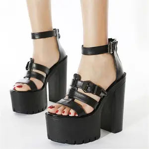 Sandalias de tacón con hebilla cuadrada de cuero negro para mujer, zapatos de tacón de plataforma con hebilla cuadrada, Y2K, 2023