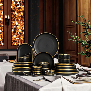 Wholesale Luxury Matte Black Ceramic Stoneware Dinner <b>Set</b> for Restaurants 16pcs Tableware Metallic Edging Chip-Resistant Design - Product Image 1