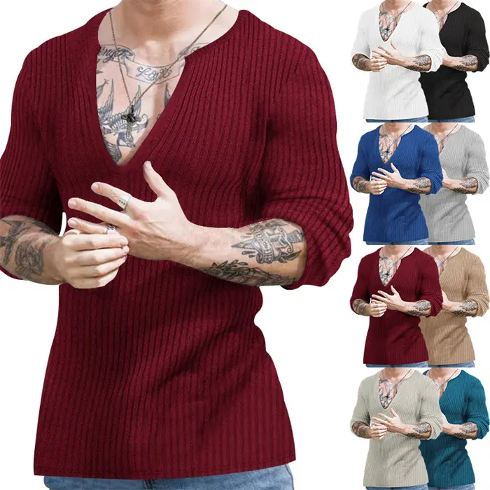 New Arrival Spring Fall Male Casual Pure Color Long Sleeve Shirts Streetwear V Neck Slim Fit Knitted Shirts For Men