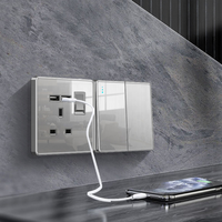 UK 13A Doublel prise électrique usb interrupteur d'éclairage mural, verre gris universel type-c 18W prise de courant à charge rapide intelligente