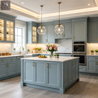 Armoires de cuisine modernes de style Shaker en bois massif sur mesure, armoires de cuisine de luxe gris bleu avec îlot central en bois