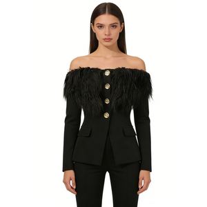 <span class=keywords><strong>Blazer</strong></span> Negro con Hombros Descubiertos y Plumas para Mujer - Chaqueta Elegante para Fiesta Formal con Detalle de Botones Dorados Sehe Fashion - Product Image 1