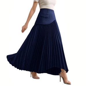 <span class=keywords><strong>Jupe</strong></span> longue plissée asymétrique <span class=keywords><strong>bleu</strong></span> <span class=keywords><strong>marine</strong></span> pour <span class=keywords><strong>femme</strong></span> avec panneau de taille et poche, taille haute, élégante, pour le bureau ou décontractée - Product Image 1