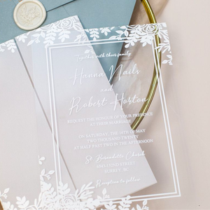 Invitations de <span class=keywords><strong>mariage</strong></span> d'<span class=keywords><strong>hiver</strong></span> en acrylique transparent avec cadre floral blanc élégant avec impression UV - Product Image 3
