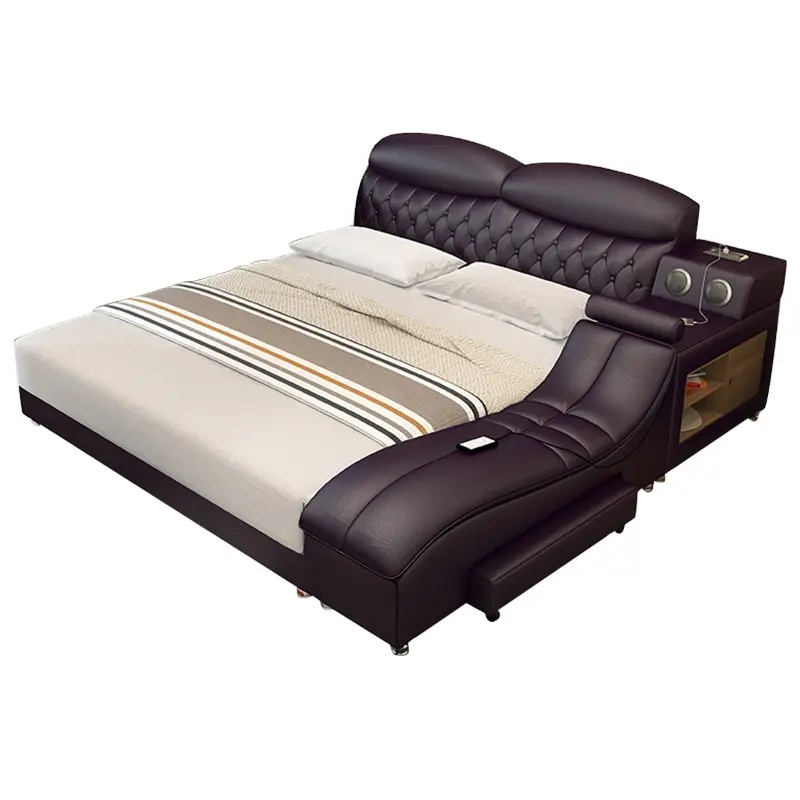 Moderne Slaapkamer Meubels Lederen Bed Met Luidspreker Usb Oplader Massagebed Kingsize Carton Grenen Zacht Bed