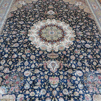 Achetez des tapis et carpettes persans en soie 100% Senneth Ghiordes Knot 9x12 bleu grand format, faits à la main, noués à la main, en ligne