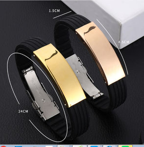 Bracelet de sport en silicone noir tendance pour homme, avec grand pendentif barre vierge gravable, personnalisable avec logo, en laiton plaqué or 18 carats - Product Image 2