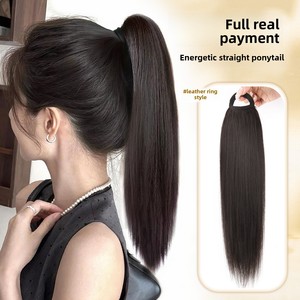 Coda di Cavallo in Capelli Veri con Base ad Anello in Pelle, Volumizzante, Liscia e Lunga, con Elastico per Acconciature Alte/Basse - Product Image 1