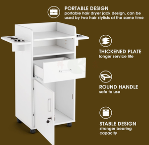 Carrello da Salone in Legno Bianco con Armadietto, Ruote Girevoli <span class=keywords><strong>a</strong></span> 360 Gradi, 3 Cassetti, Portautensili Resistenti al Calore per Parrucchieri - Product Image 3