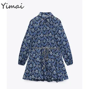 OEM High Quality Long Sleeve Short Collared Casual Contrast Rope Belt Floral Women Designer Dresses