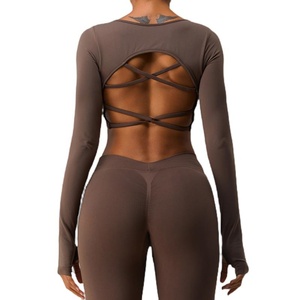 Women's <b>High</b> Waist Yoga Tank <b>Top</b> Fixed Chest Pads Hollow Backless Breathable Long Sleeve Eco-Friendly Reversible Plus Size Cross - Product Image 6