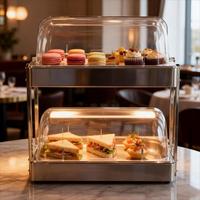 Nampan Prasmanan Stainless Steel Dua Lapis dengan Tutup Transparan, Stand Display Makanan untuk Penggunaan Hotel dan Restoran