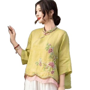 Women's Cotton Linen Embroidered Color Block Short Sleeve Top With Contrast Binding Breathable Artistic Retro Chinese Style - Product Image 5