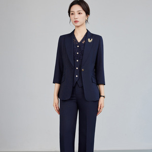 Women's Blue Three Piece Suit Set Three Quarter Sleeve Breathable Office Lady Work Wear - Product Image 3