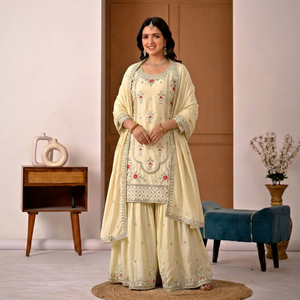 Traje Salwar Bordado en Crema para Mujer, Conjunto Kurti Palazzo Dupatta, Seda Artificial, Atuendo Festivo para Bodas y Fiestas - Product Image 1
