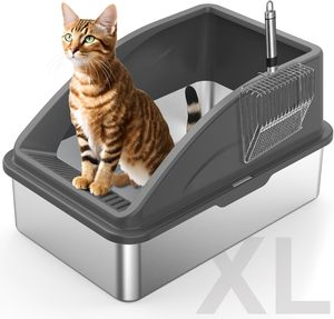 Stainless Steel Square <b>Cat</b> <b>Litter</b> Box XL Enclosed Toilet Lid Anti-Urine Leakage Non-Stick Bottom 100L Capacity Easy Clean - Product Image 1