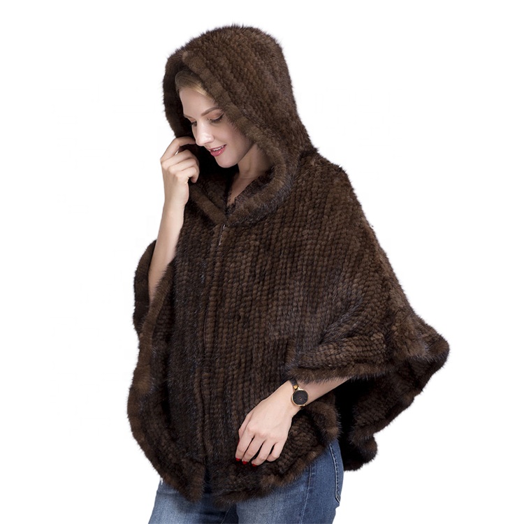 Wholesale Women Winter Knitted Mink Fur Shawl Cape Knit Mink Fur Poncho