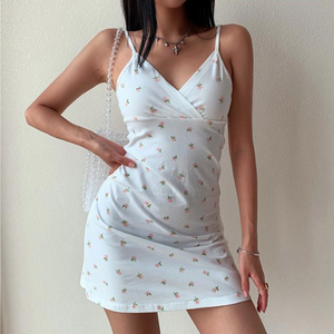 OEM/ODM dulce natural ecológico simple impreso cuello en V mini vestido personalizado verano floral para mujeres - Product Image 1