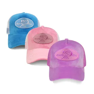 Cappello da camionista in velluto personalizzato in rete di alta qualità all'ingrosso 5 pannelli berretto da camionista in velluto con ricamo Patch Applique personalizzato