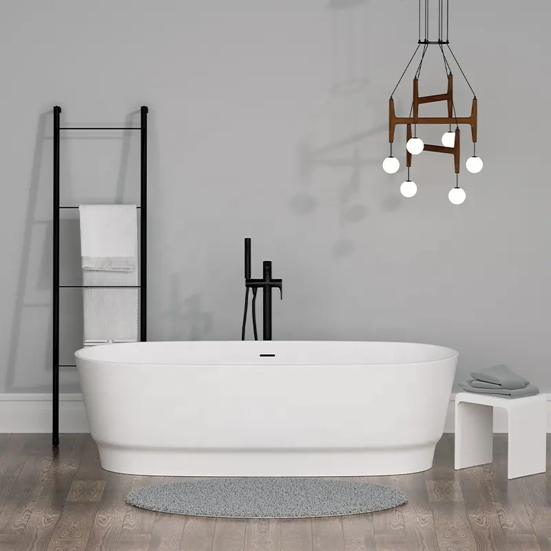 Modern Luxury White Solid Surface Acrylic Bathtub Oval Shape Free Standing Soaking Tub For Bathroom