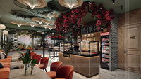 Designs de comptoirs de bar de café modernes et professionnels, personnalisés en bois et verre trempé, avec éclairage LED.