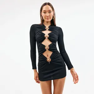 Vestido de festa de celebridades de noite com faixa longa preta, vestido preto preto preto para mulheres, roupa de mão longa e sensual, novidade por atacado de fábrica