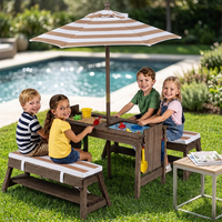 Table de pique-nique 4-en-1 pour enfants avec banc, boîte amovible, parapluie, housse imperméable, outils de jardin et coussins