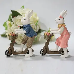 创意复活节礼品家居窗饰树脂自行车骑行带花篮兔子复活节装饰雕塑